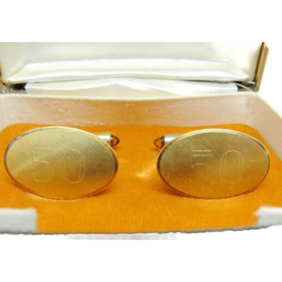 "50" Monogram Krementz 14K Gold Overlay Oval Vtg Cufflinks Orange Tip Tux IOB - Picture 2 of 12